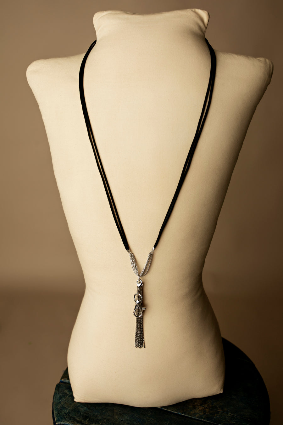 Angie Faux Suede Chain Tassel Lanyard Necklace - Silver