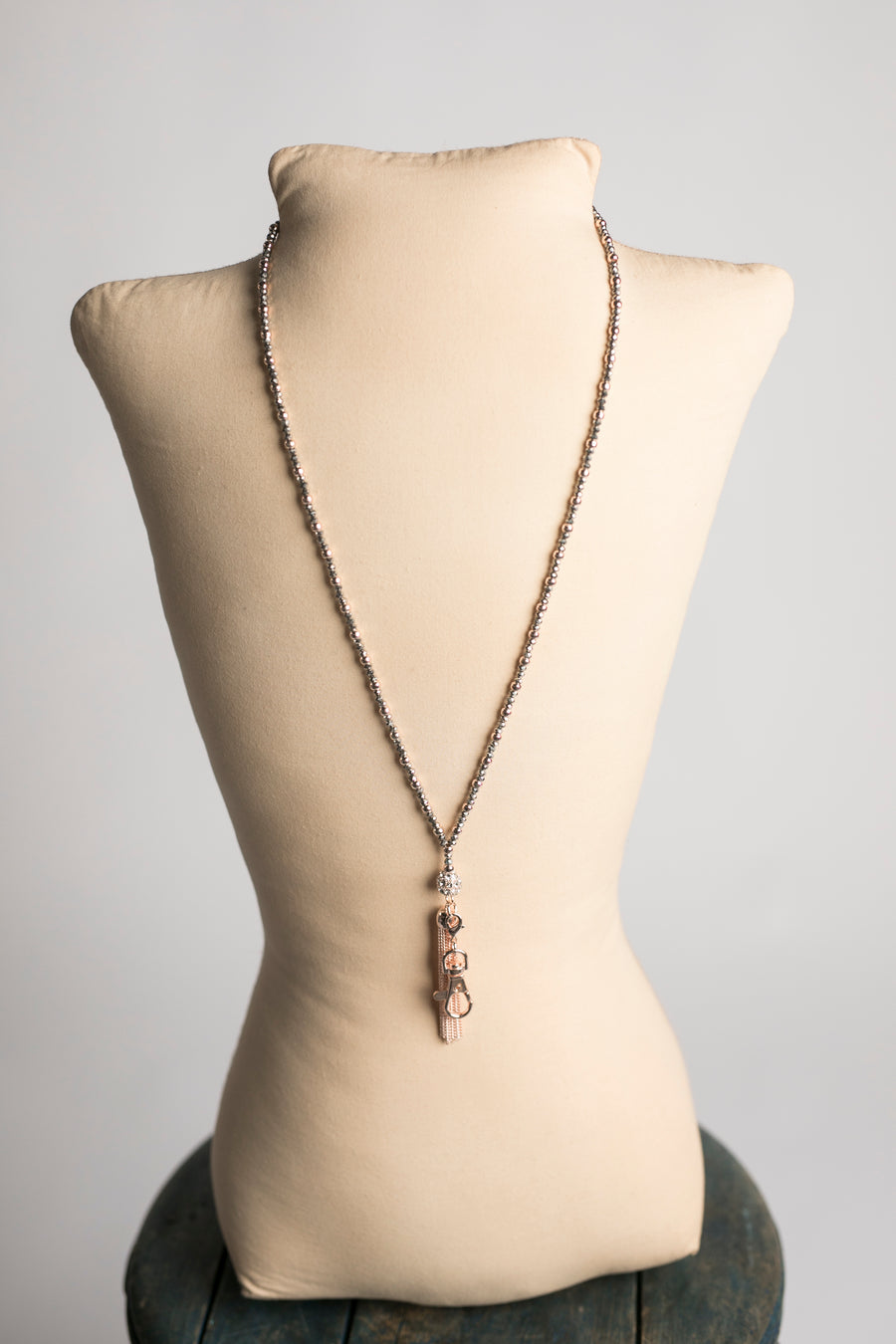 Leah Beaded Chain Tassel Lanyard Necklace (Rose Gold)